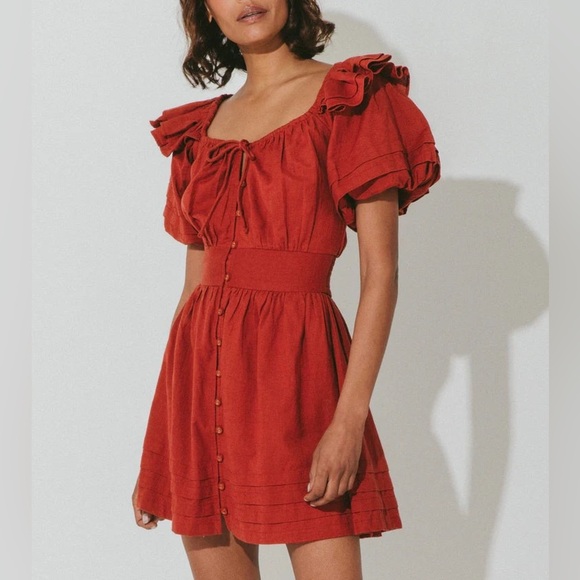 NEW Cleobella Tana Mini Dress Bubble Sleeve Brick Red Cotton Linen XS NWT - Picture 2 of 8
